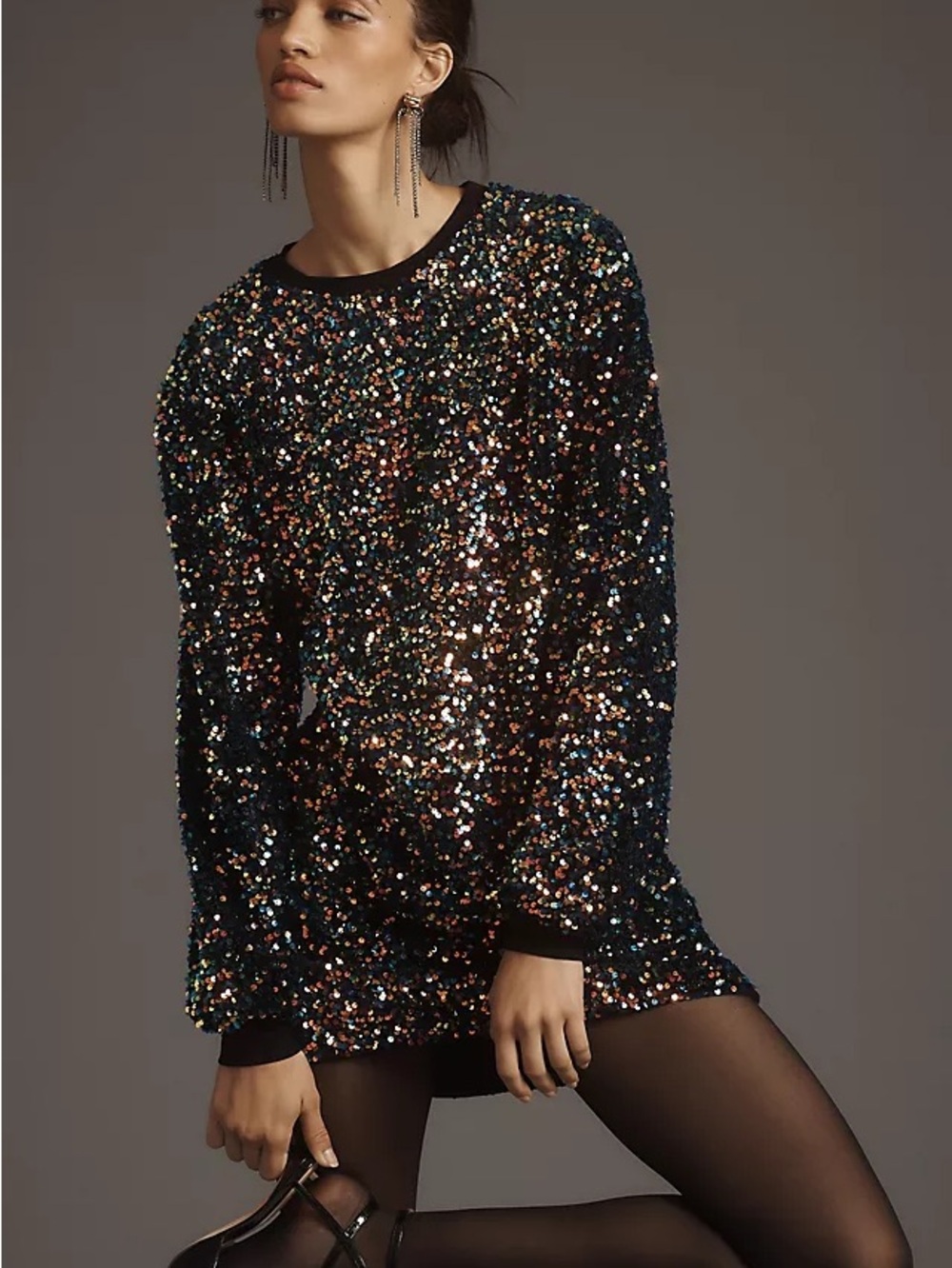 Anthropologie Black Sequin Mini Dress with Multicolor Sparkle
